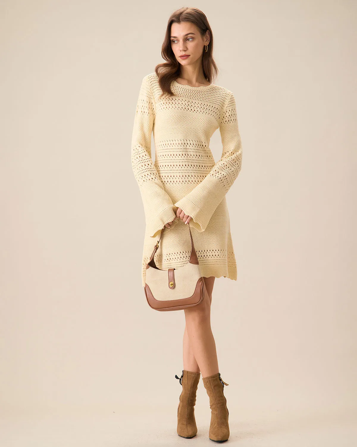 Women's Apricot Cutout Knitted Sweater Dress